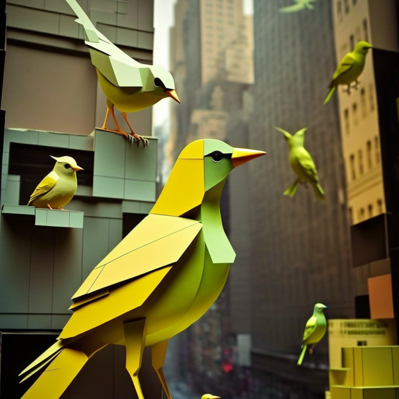 Oiseaux faits de postit dans une ville futuriste