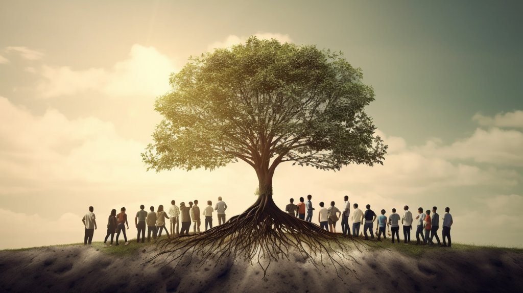 image représentant un arbre avec des personnages à ses pieds